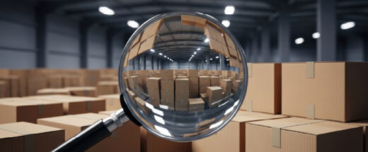 Magnifying glass focusing on cardboard shipping boxes in large warehouse distribution center with industrial lighting