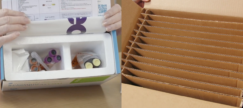 Split image showing meal kit delivery box with compartmentalized food items and corrugated cardboard interior dividers with shipping label