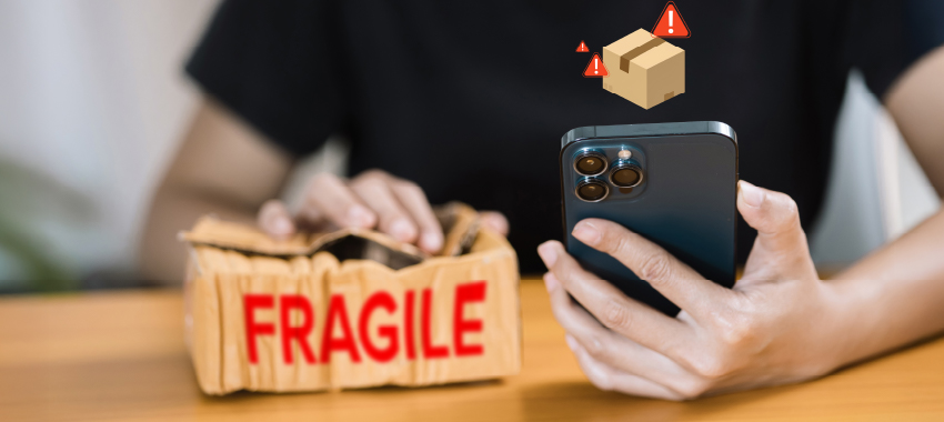 Person holding smartphone next to cardboard box labeled 'FRAGILE' with package tracking notification icon displayed above