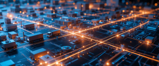 Aerial view of an illuminated smart city network at night with glowing orange connection lines linking various buildings and infrastructure nodes across an urban landscape, representing IoT connectivity and digital communication networks