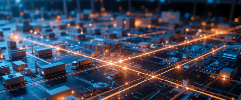 Aerial view of an illuminated smart city network at night with glowing orange connection lines linking various buildings and infrastructure nodes across an urban landscape, representing IoT connectivity and digital communication networks