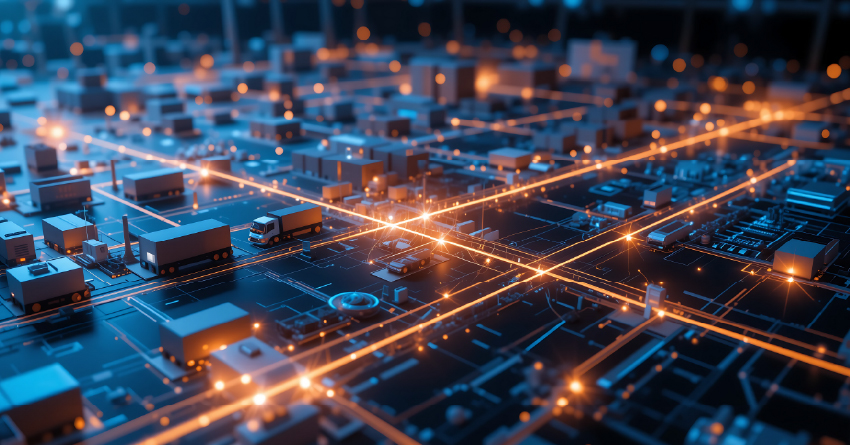 Aerial view of an illuminated smart city network at night with glowing orange connection lines linking various buildings and infrastructure nodes across an urban landscape, representing IoT connectivity and digital communication networks