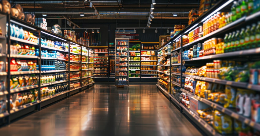 A grocery store aisle with shelves stocked with food products.