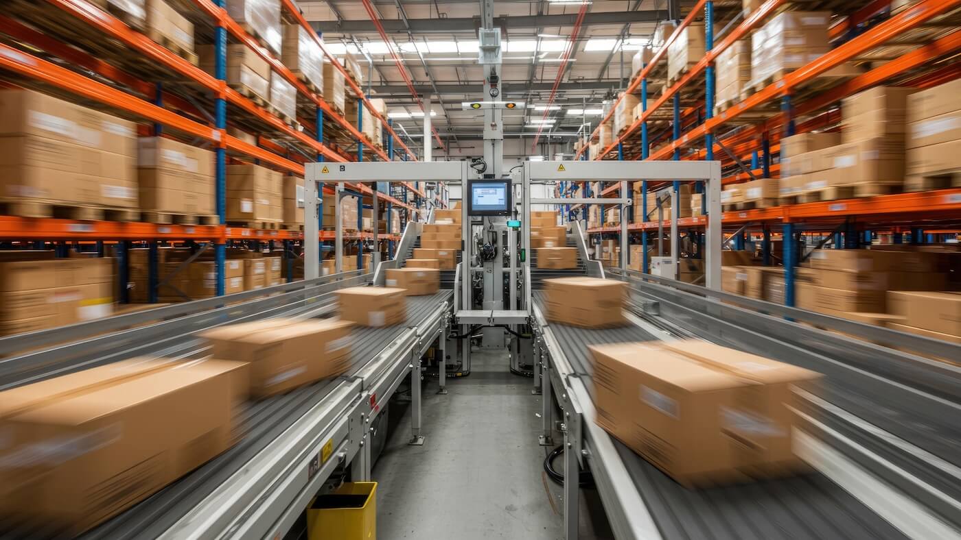 Boxes moving on conveyor belts in a warehouse