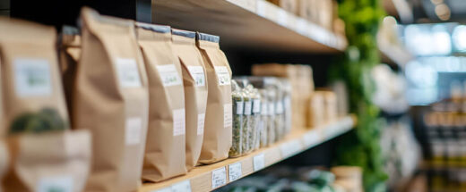 Sustainable packaging made from paper products on a retail shelf