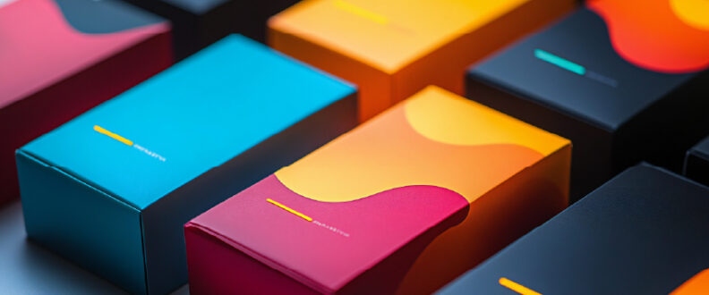 Close-up arrangement of modern product packaging boxes featuring bold, vibrant colors including bright blue, hot pink, orange gradient, and dark navy, each with minimalist curved design elements and small yellow accent lines on their surfaces