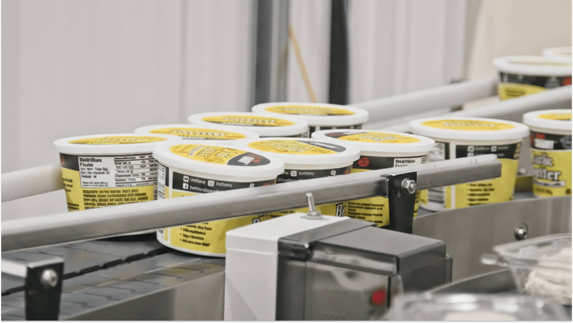 Automated production line with white plastic containers featuring yellow labels moving through packaging machinery