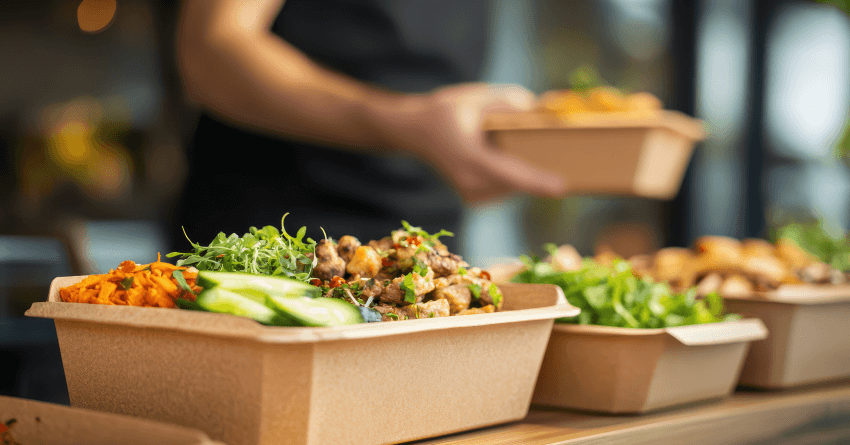 A counter with salad kits in zero-waste, paper-based packaging