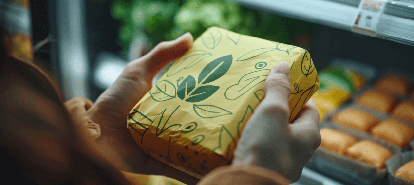 A person's hands holding a product in zero waste paper packaging in a grocery store