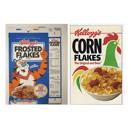 Modern Kellogg's Frosted Flakes and Corn Flakes packaging